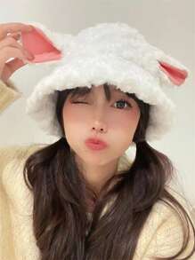 1pc 手工冬季小羊羔洛丽塔帽子小红书羊耳朵渔夫帽奶白色可爱小羊咩咩锅帽 - 白色 - 查看 4