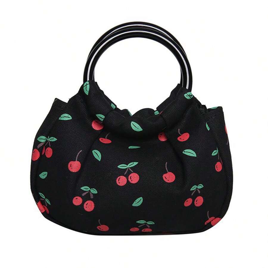 可愛的卡通印花手拿包,適用於晚會、化妝或當作可愛的包包,櫻桃印花小手提包、可愛的帆布手提包、錢包、化妝包 - 黑色 - 查看 1