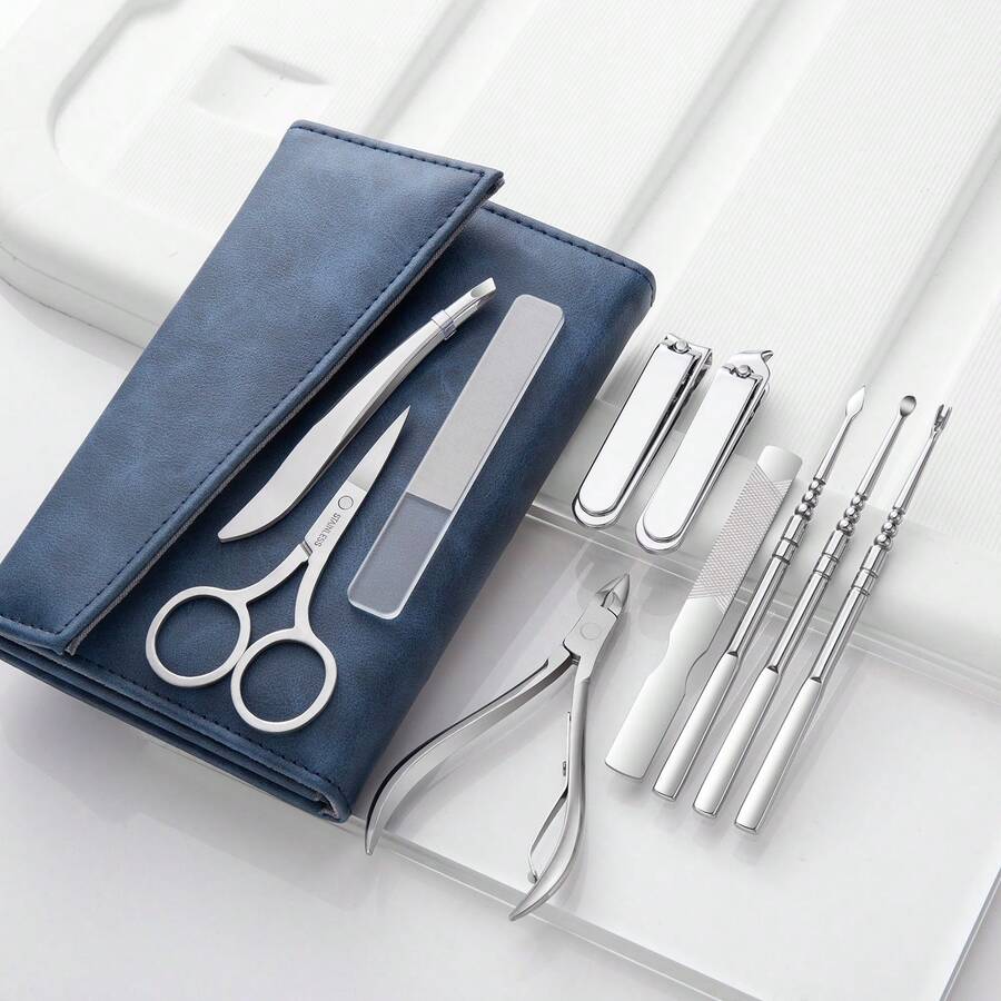 10pcs/Set Mirror Finish Stainless Steel Manicure Tool Set, Including Mirror Finish Nail Clippers And File - Blue - View 1
