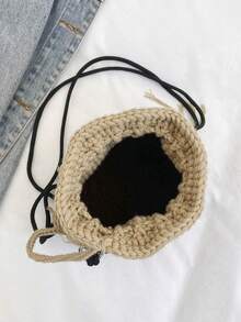 Stylish Crocheted Drawstring Design Bucket Bag - Brown - View 6