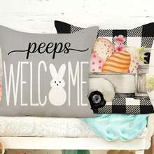 4pcs Easter Plaid Egg & Slogan Print Cushion Cover, Modern Simple Square Faux Linen Hidden Zipper Single-Sided Printed Pillow Case, Without Pillow Core, Suitable For Easter Living Room Bedroom Sofa Decoration, All Seasons - Multicolor - View 5