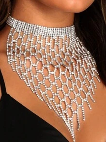 Fashionable Rhinestone & Tassel Necklace Statement Choker For Women's Party And Wedding - Gold - View 2