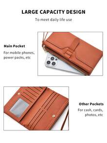 1只簡約風格女士長款手拿錢包,實色,帶多卡槽和大容量,多功能錢包 - 棕色 - 查看 8