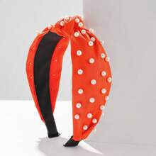 1pc Corduroy Solid Color Macaron & Y2k Style Pearl Headband - Hot Pink - View 4