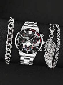 1pc Fashion Men's Date Calendar Quartz Watch, 1pc Bracelet, 1pc Wing Charm Necklace, Men's Business Stainless Steel Watch - Silver - View 1