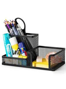 1pc Black Mesh Desk Organizer With Pencil Holder And Desk Accessories Storage Basket, Including 3 Compartments Pen Holder - Black - View 1