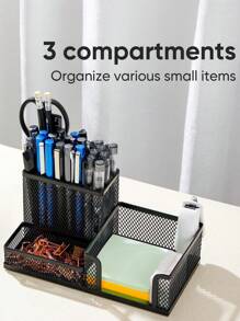 1pc Black Mesh Desk Organizer With Pencil Holder And Desk Accessories Storage Basket, Including 3 Compartments Pen Holder - Black - View 5