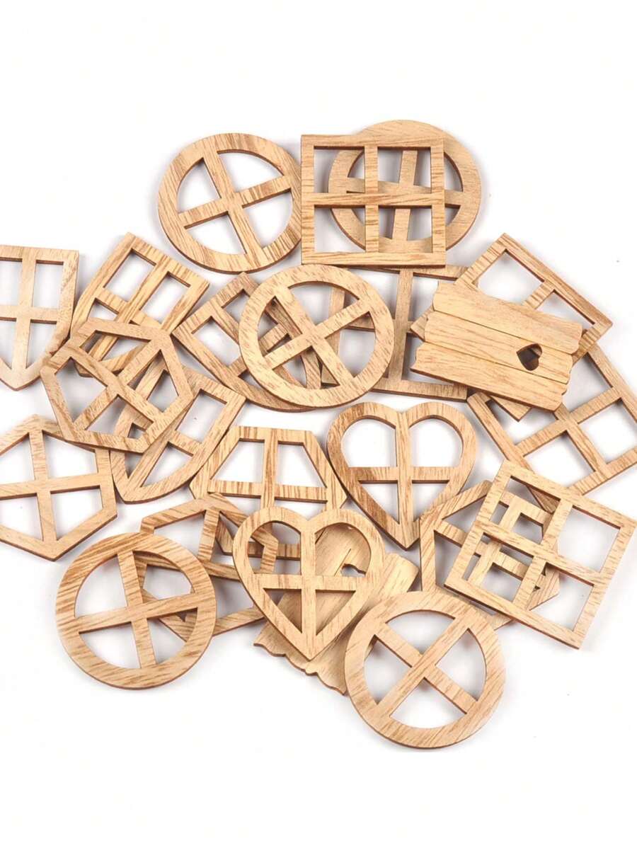 25pcs Mixed Shape Wooden Craft Mini Windows Circular/Heart-Shaped/Hexagonal Slices For Diy Jewelry And Home Decor - Beige - View 1