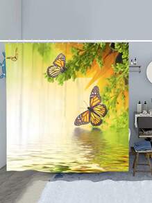 1入組蝴蝶和水面花紋淋浴簾或馬桶墊,4入組浴室墊套裝附防水淋浴簾和12個淋浴簾掛鉤 - 彩色 - 查看 2