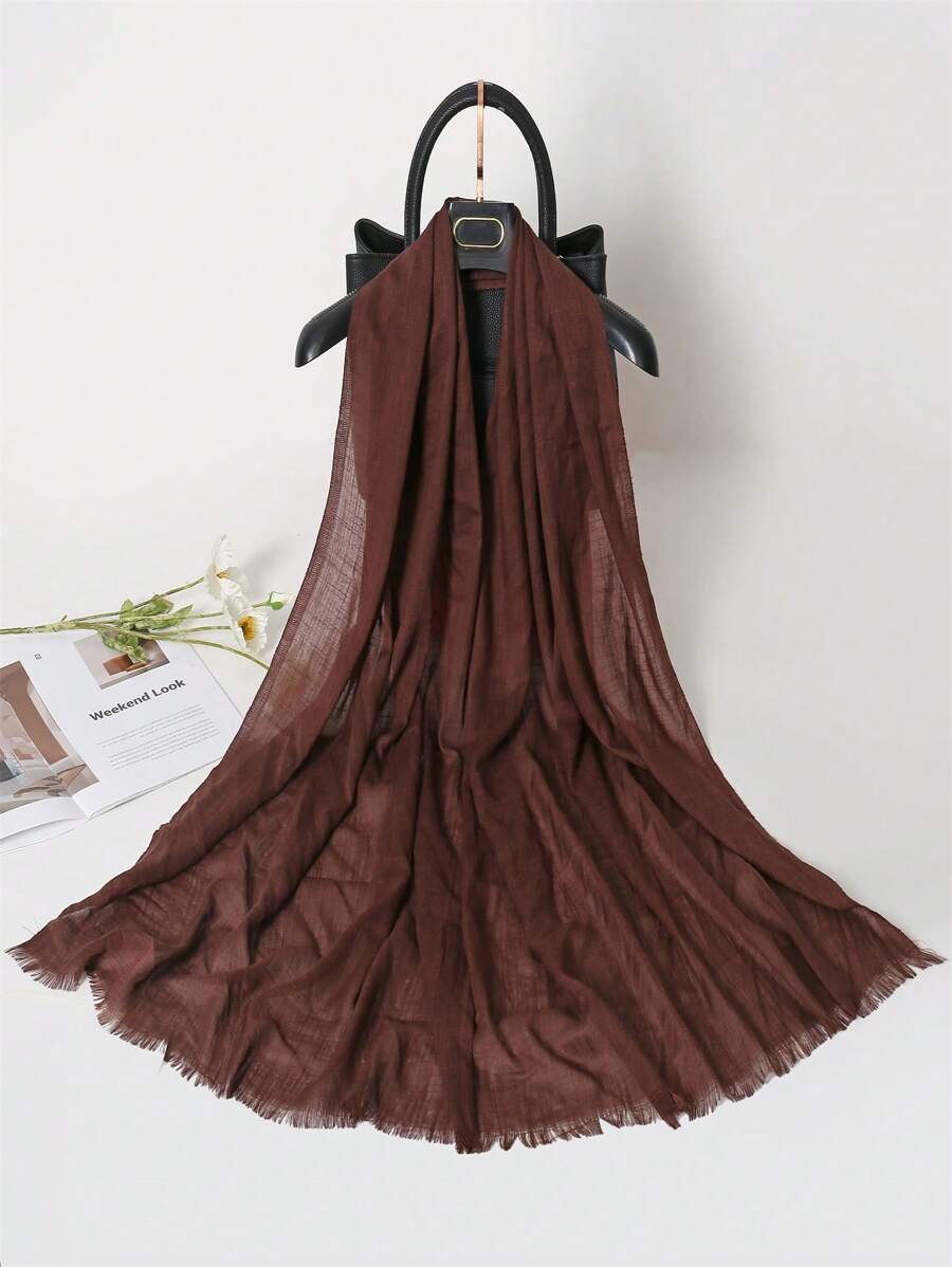 新款時尚歐美風格純色圍巾、披巾、短流蘇圍巾-女士款 - 咖啡棕 - 查看 1