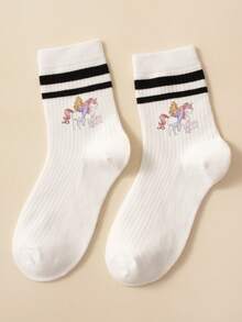 1 Pair Kids' Double Bar Sports Socks With Mermaid And Unicorn Patterns, Breathable And Comfortable, Suitable For  Gift - Multicolor - View 2