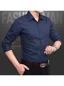 Camisa De Mangas Largas Para Hombre, Men's Lapel Polka Dot Long Sleeve Shirt Cotton Business Casual Shirt - Blue - View 2