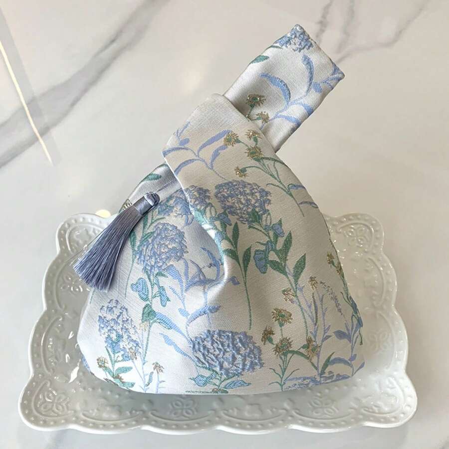 YADORNOS 新中式金線刺繡化妝包，手提包，流蘇手腕包，絲綢印花化妝包禮物包，適用於旅行，日常步行和購物（藍色）化妝品收納袋化妝品組織袋化妝包 - 藍色 - 查看 1