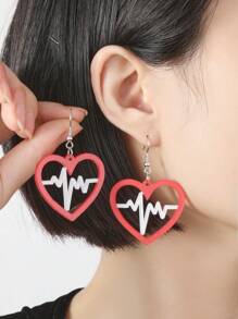 1Pair Cute Romantic Red Acrylic Electrocardiogram Hollowing Out Heart Shape Drop Earrings For Women Girl Couple For Valentine's Day Gift - Red - View 1