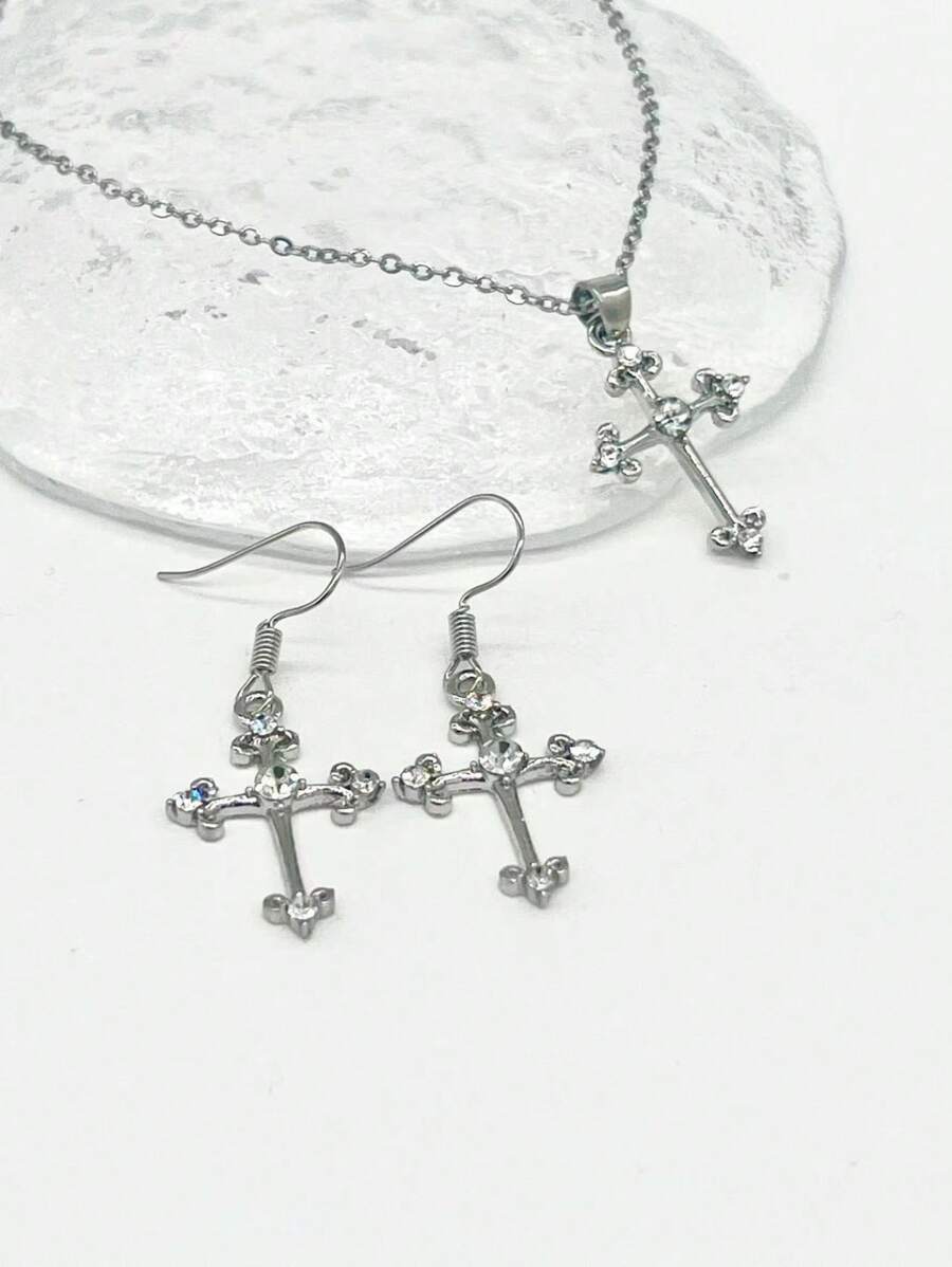 3入組時尚鋅合金設計項鍊和耳環套裝 - 銀色 - 查看 1