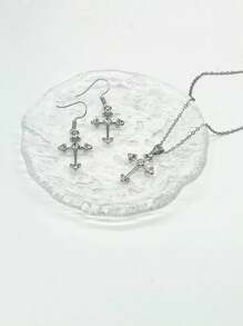 3入組時尚鋅合金設計項鍊和耳環套裝 - 銀色 - 查看 2