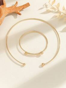 1set Fashionable Women's Simple Head Glossy Personalized Open Bangle & Choker Set, Golden - Yellow Gold - View 3