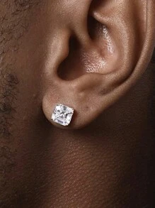 CVNANA 2pcs Hip Hop Style Men's Square Diamond Stud Earrings With Geometric Design - Silver - View 2