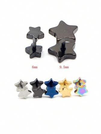 2入組時尚不分男女不鏽鋼材質的啞鈴式五角星式耳釘,帶螺紋背部設計的耳洞珠寶