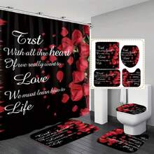 1入組卡通情人節主題淋浴簾,由聚酯纖維製成,並帶有12個掛鉤,防水聚酯纖維。另外還包括一個柔軟吸水防滑浴室墊,適用於家用 - 紅色 - 查看 1