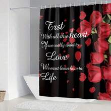 1入組卡通情人節主題淋浴簾,由聚酯纖維製成,並帶有12個掛鉤,防水聚酯纖維。另外還包括一個柔軟吸水防滑浴室墊,適用於家用 - 紅色 - 查看 4