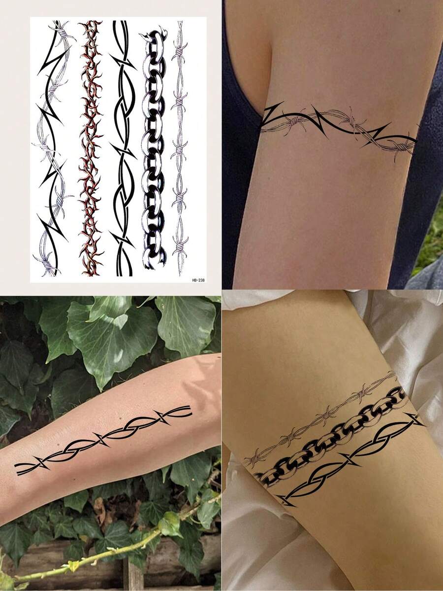 1pc Tattoo Sticker With Chain, Thorn, Anklet & Bracelet Pattern - Black - View 1