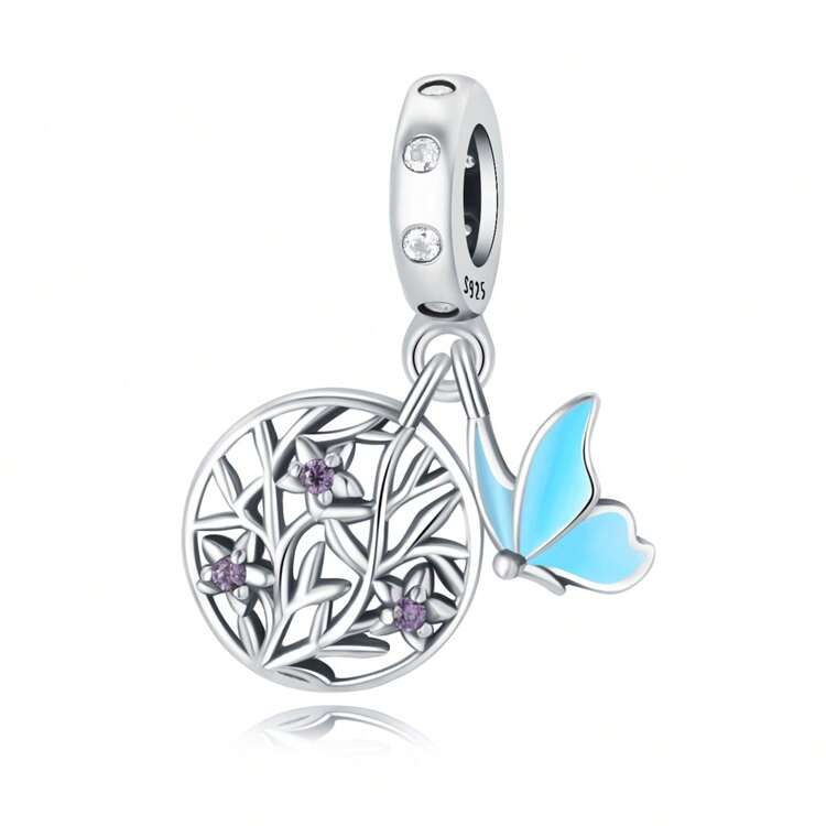 925 Sterling Silver Butterfly Flower Cut-Out Charms Pendant Fit Women Bracelet Necklace DIY Charm Fine Jewellery Anniversary Birthday Gifts Party - Silver - View 1