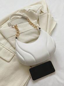 1个迷你新月形手提包，纯色亚克力链条装饰，PU材质，便携优雅拉链单肩包，适合女孩旅行和日常使用 - 白色 - 查看 4
