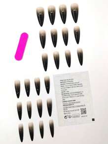 Instantly Upgrade Your Look With 24pcs Long Stiletto Black Glossy Ombre Fake Nail & 1pc Nail File & 1sheet Nail Tape Press On Nails Nail Supplies