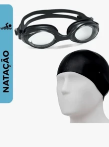 Kit Touca de Mergulho Touca Natação Hidrogisnática de Silicone + Óculos de Piscina Adulto - Preto - Visão 2