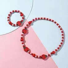 2pcs Children Wooden Beads Jewelry Set For Girls, Includes One Ladybird Necklace And One Bracelet, Great Holiday Party Gifts Toys Decorations For Kids