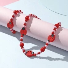 2pcs Children Wooden Beads Jewelry Set For Girls, Includes One Ladybird Necklace And One Bracelet, Great Holiday Party Gifts Toys Decorations For Kids
