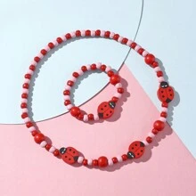 2pcs Children Wooden Beads Jewelry Set For Girls, Includes One Ladybird Necklace And One Bracelet, Great Holiday Party Gifts Toys Decorations For Kids