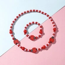 2pcs Children Wooden Beads Jewelry Set For Girls, Includes One Ladybird Necklace And One Bracelet, Great Holiday Party Gifts Toys Decorations For Kids