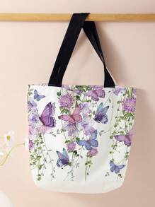 蝴蝶花卉图案双面印花帆布单肩包购物袋休闲旅行沙滩包大容量可重复使用单肩购物袋，夏季必备，完美适用于度假和假日，可用作学校手提包，便携可折叠，商务休闲风格，适合青少年女孩、女性、大学生、教师、职场新人及白领人士。适用于大学、度假、海滩、假日、购物等场合。蝴蝶图案，是教师节的最佳礼物。 - 彩色 - 查看 4