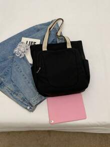 Small Batch, High-End, Commuting, Polyester Tote Bag With Shoulder Strap And Wide Band, Casual, Large Capacity, Black, Suitable For Female Students To Carry Books, Umbrellas, Laptops, Etc. - Black - View 7