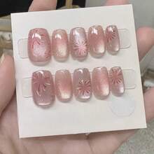 20入組全尺寸手工製作的冰透粉貓眼美甲貼,新年煙花假美甲貼, 秋冬可拆卸按壓式貼指甲片,適用於女性手工裝飾 - 粉色 - 查看 5