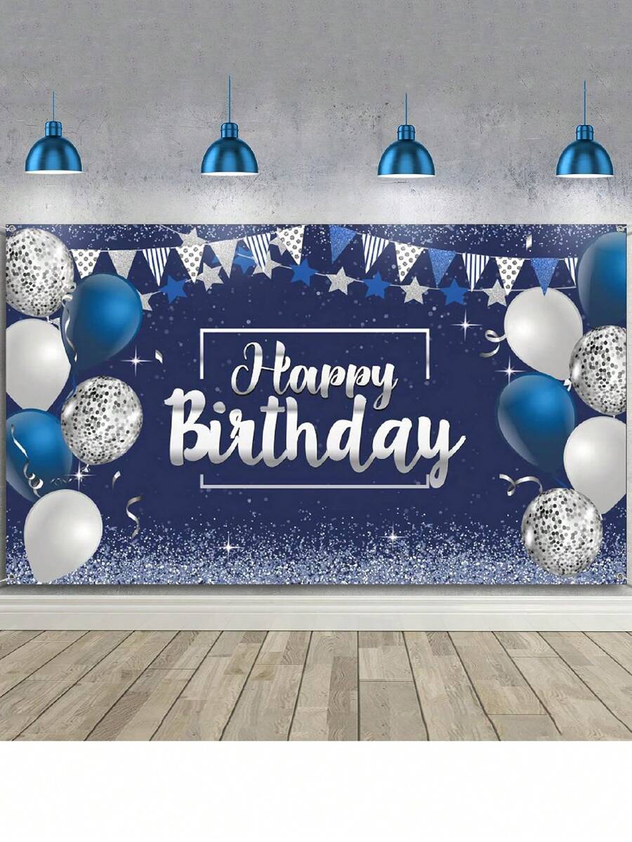 1件海军蓝和银色气球生日快乐背景横幅，生日快乐装饰背景，闪光生日背景牌，涤纶材质，生日派对拍照背景，派对装饰，室内外均可使用，精致节日装饰，庆祝标志 - 藍色 - 查看 1
