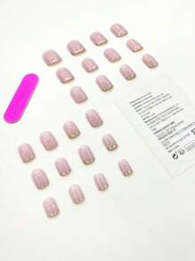 Instantly Upgrade Your Look With 24pcs Short Square Nude French Golden Edge Glitter Fake Nail & 1pc Nail File & 1sheet Tape Press On Nails Nail Supplies