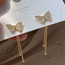 1對時尚鋅合金蝴蝶與流蘇吊墜耳環適用於女性,約會禮物 - 金色 - 查看 2