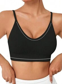 Yefecy 1pc Yoga Solid Ribbed Knit Crisscross Back Sports Bra,Spring And Summer - Black - View 6