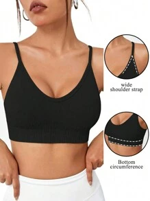 Yefecy 1pc Yoga Solid Ribbed Knit Crisscross Back Sports Bra,Spring And Summer - Black - View 3