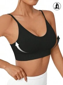 Yefecy 1pc Yoga Solid Ribbed Knit Crisscross Back Sports Bra,Spring And Summer - Black - View 5