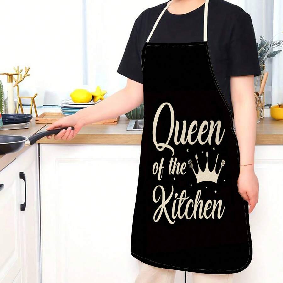 1入組亞麻公主和皇后皇冠圖案帶文字印花的廚房圍裙 - 黑色 - 查看 1