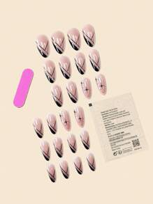 24入組黑色法式線條杏仁假指甲，中號假指甲與金黑雙星閃粉丙烯酸假指甲全面覆蓋貼上式人造光澤假指甲，DIY美甲裝飾品供女性和女孩使用的指甲用品 - 彩色 - 查看 2