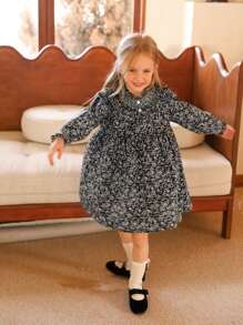 复古迷你碎花荷叶边长袖连衣裙，秋季新品，少女款 - 黑與白 - 查看 1