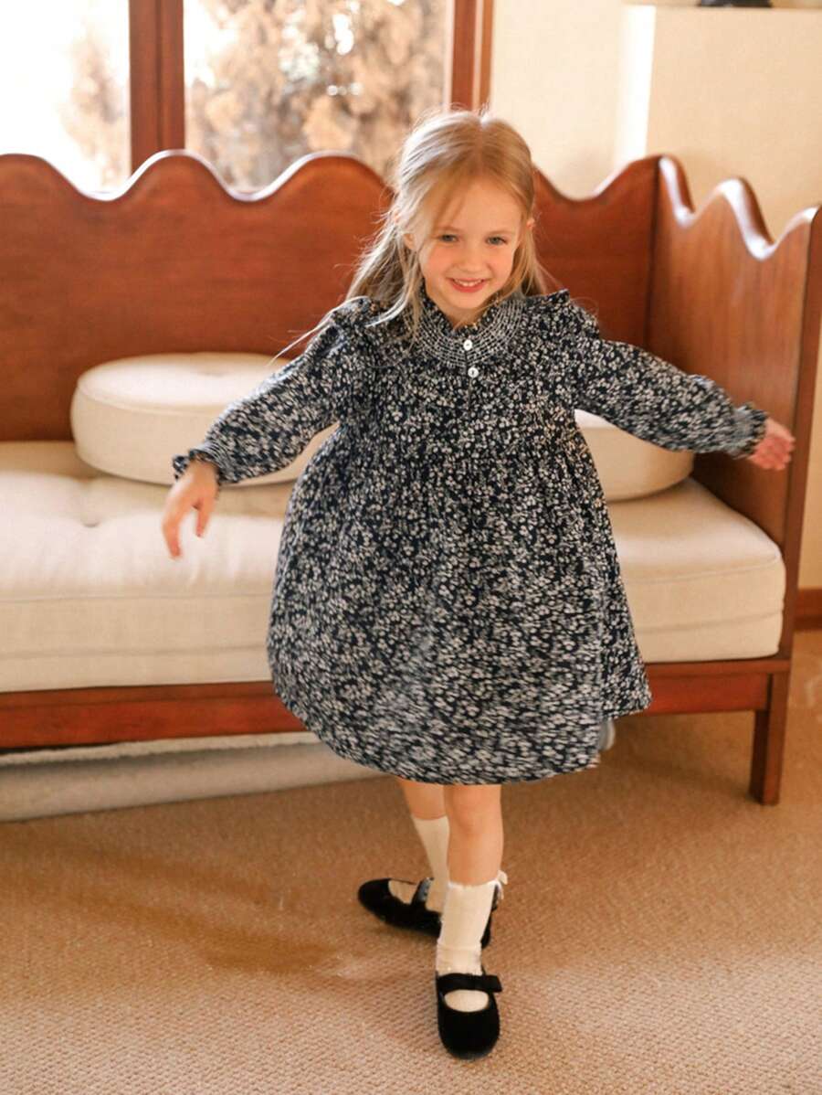 复古迷你碎花荷叶边长袖连衣裙，秋季新品，少女款 - 黑與白 - 查看 1