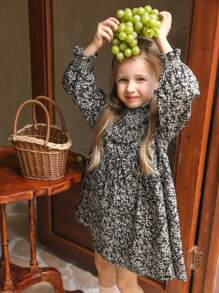 复古迷你碎花荷叶边长袖连衣裙，秋季新品，少女款 - 黑與白 - 查看 3