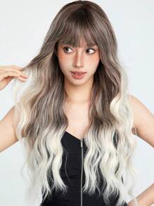 26吋深灰色漸層波浪捲髮瀏海適合日常佩戴合成纖維女假髮 - 漸層 - 查看 4