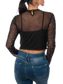 Blusa Negra Transparente Manga Larga Playera Dama - Negro - Ver 2